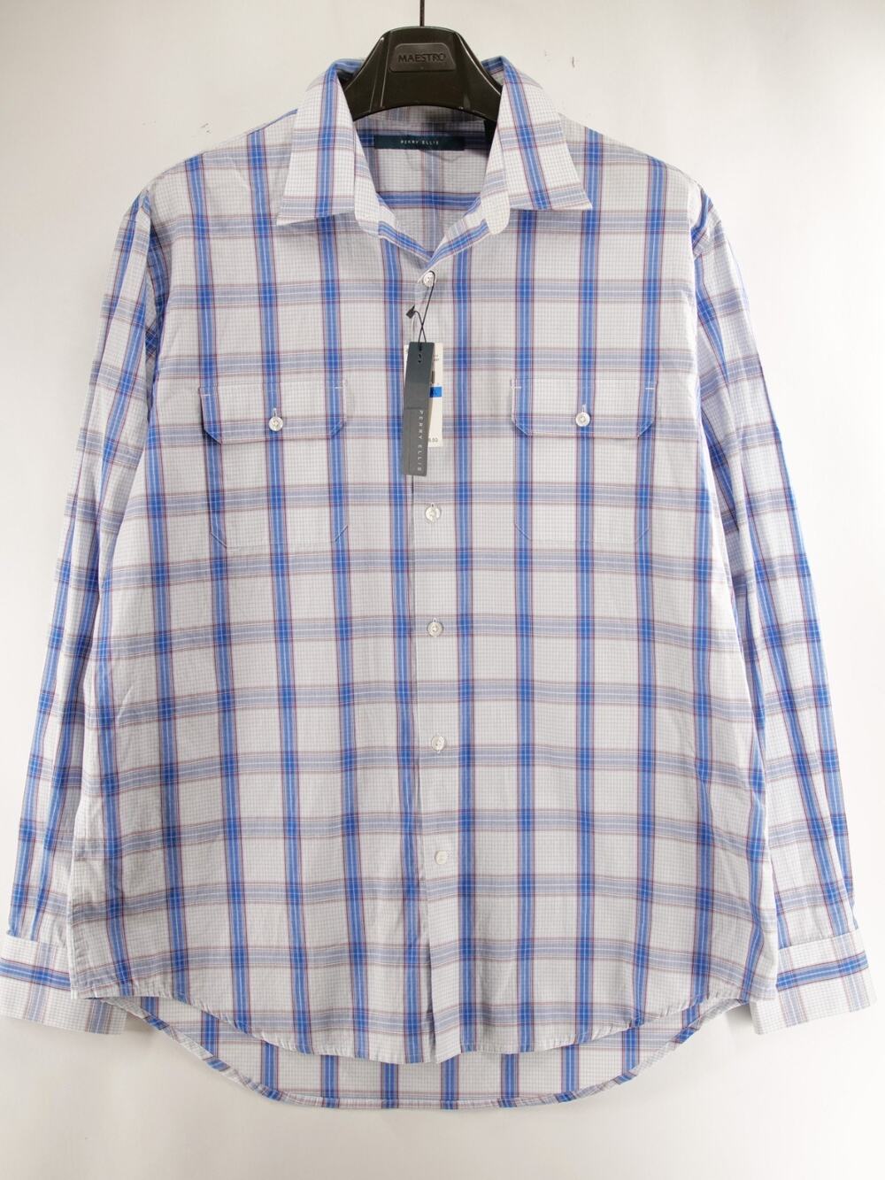 Perry Ellis Mens XL Shirt Plaid Casual Button Down Mosaic Blue 100% Cotton NWT